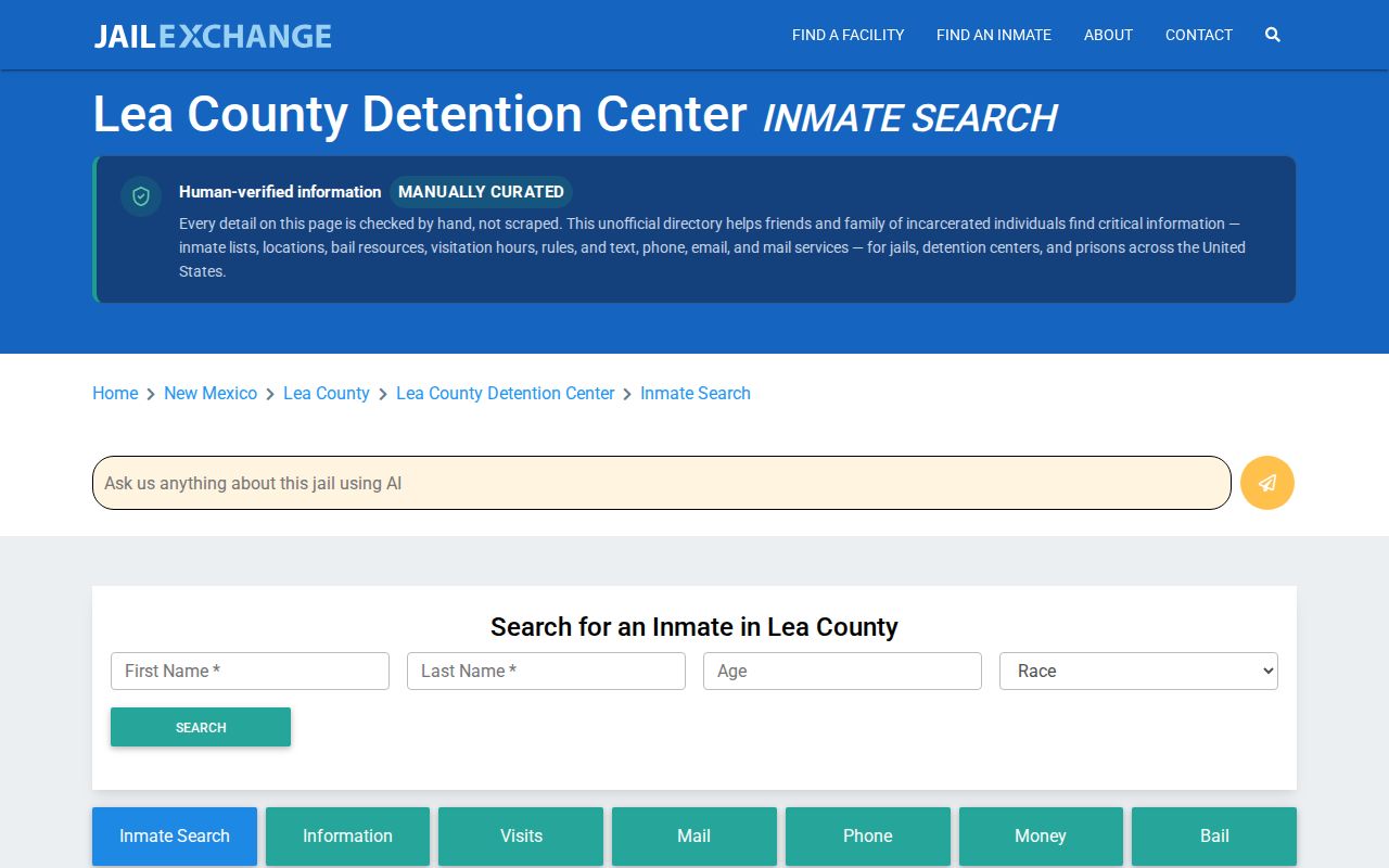 JailExchange unofficial Lea County Detention Center inmate search information page