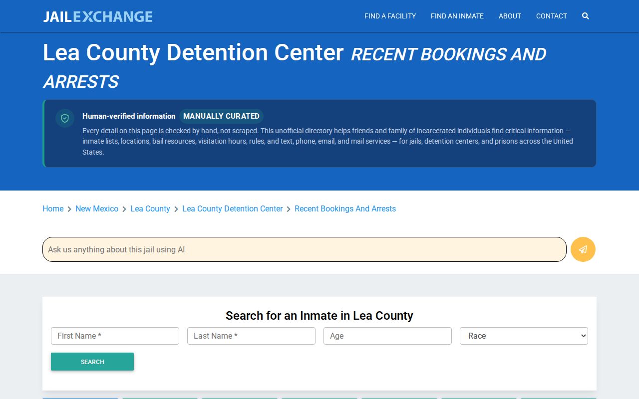 JailExchange unofficial Lea County Detention Center recent bookings information page