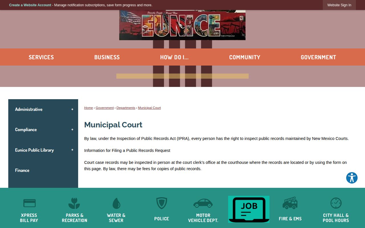 Eunice Municipal Court official records information page