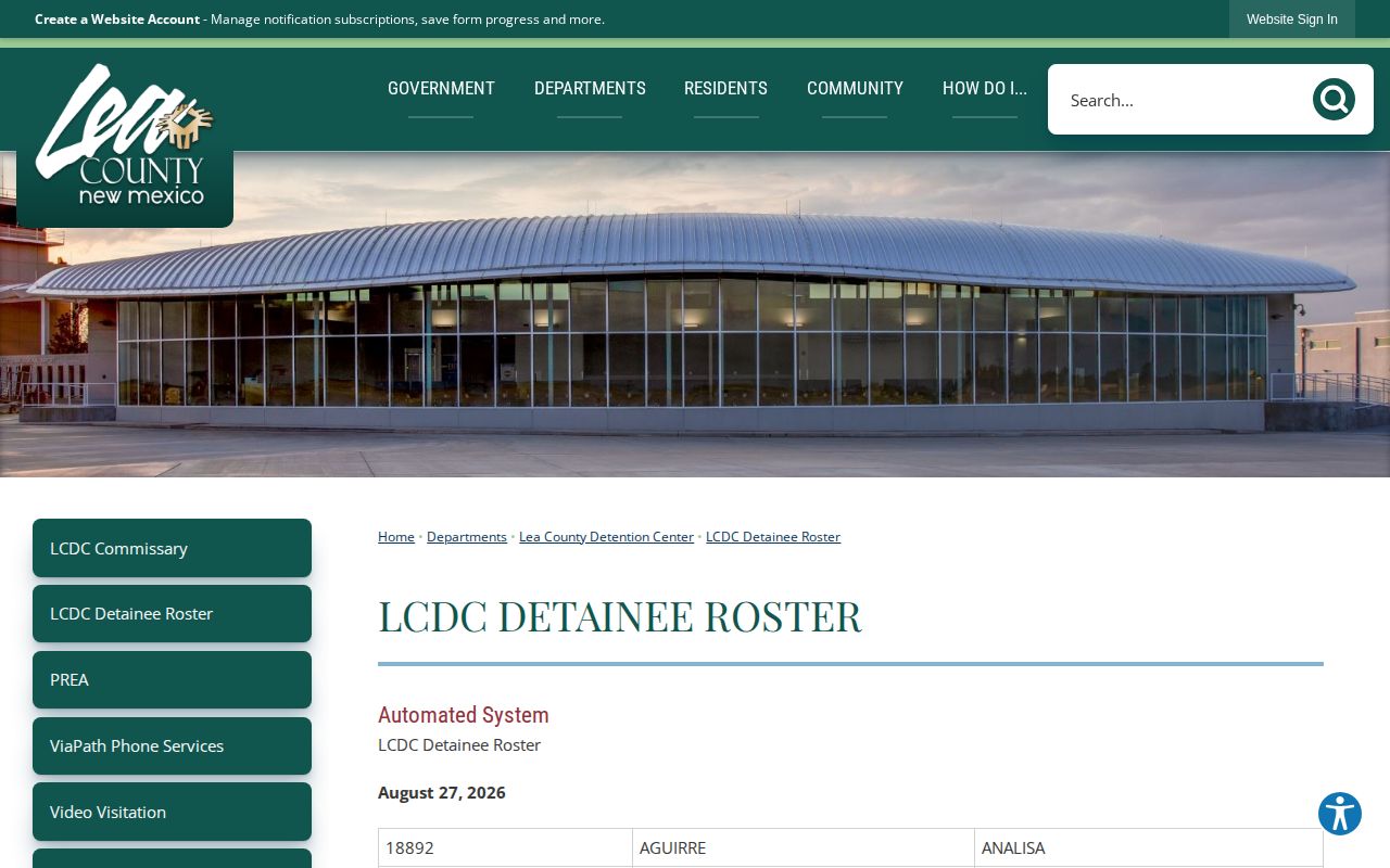 Lea County Detention Center current custody roster record view